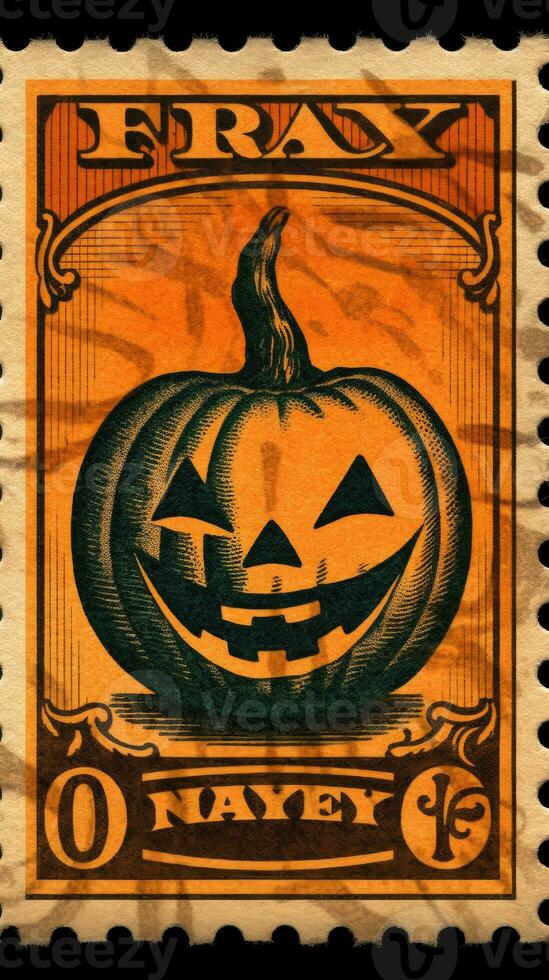 smiling pumpkin cute Postage Stamp retro vintage 1930s Halloweens paint illustration scan poster photo