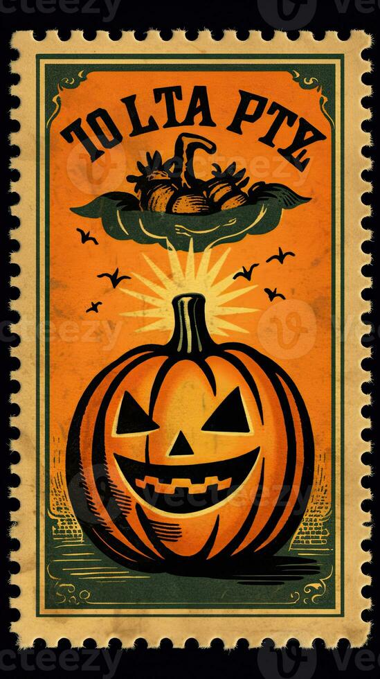 sonriente calabaza linda gastos de envío sello retro Clásico 1930 Halloween pintar ilustración escanear póster foto