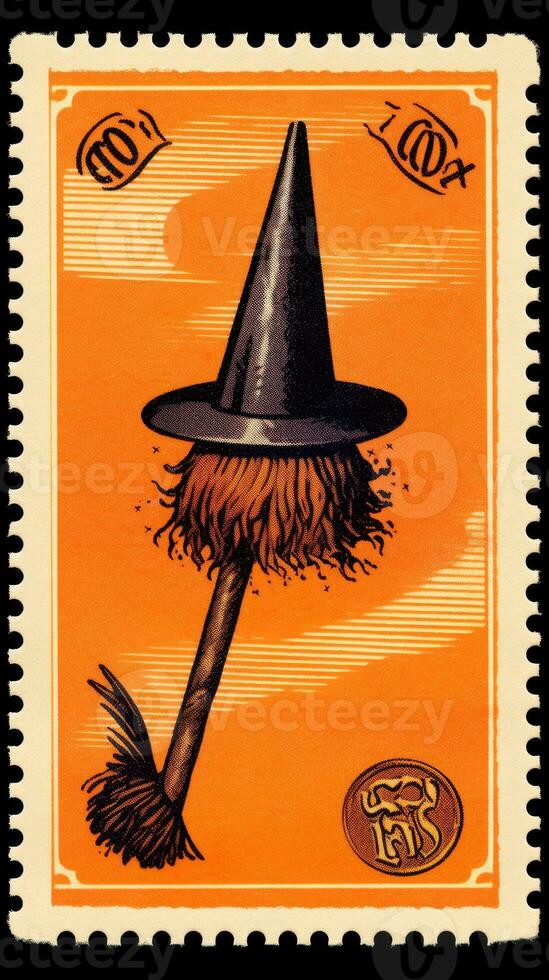 hat cap broom cute Postage Stamp retro vintage 1930s Halloweens pumpkin illustration scan poster photo