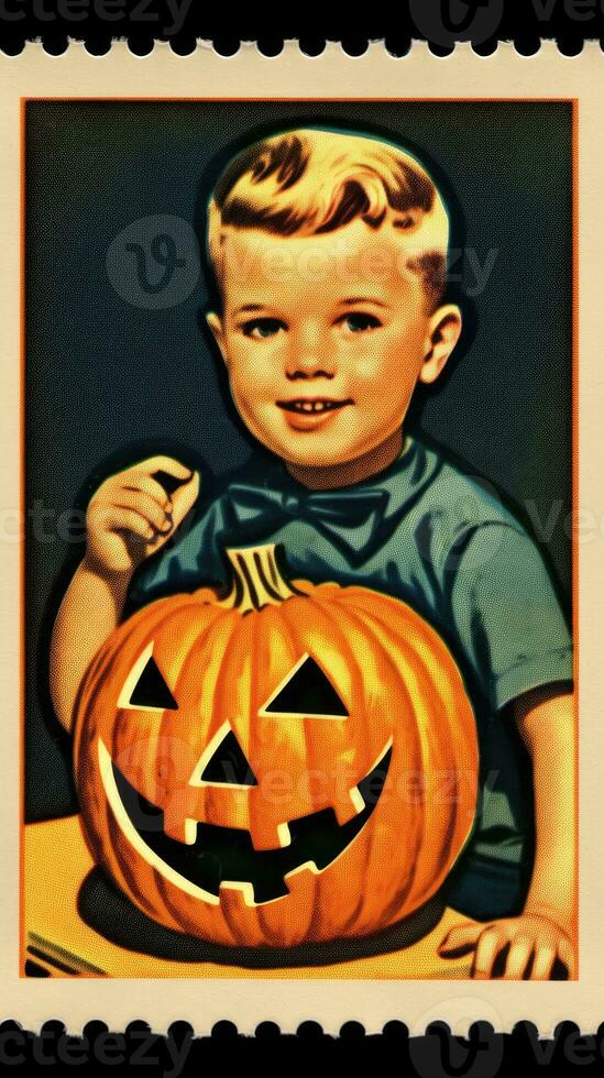 cute Postage Stamp retro vintage 1930s Halloweens pumpkin paint illustration scan poster photo
