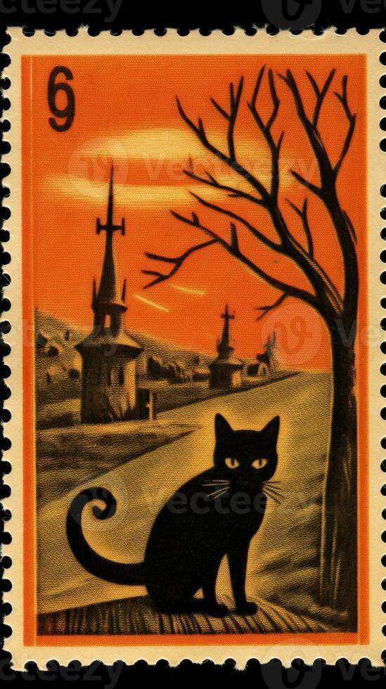 black cat hat cute Postage Stamp retro vintage 1930s Halloweens pumpkin illustration scan poster photo