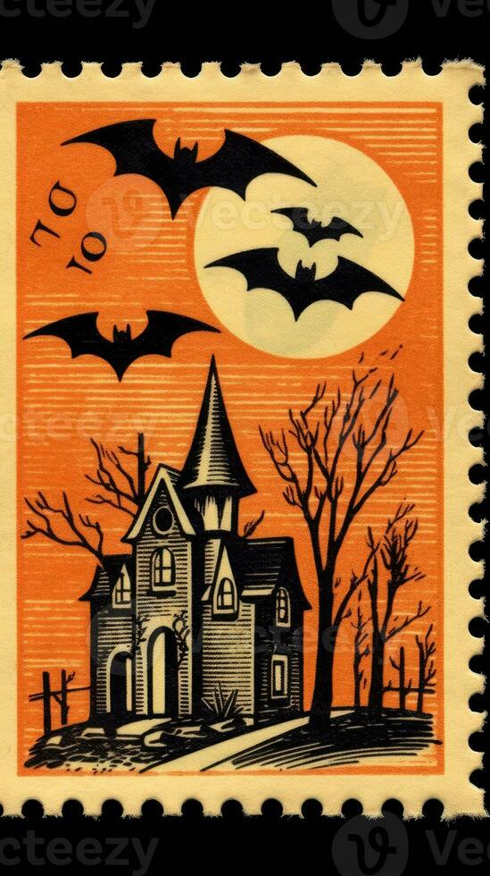 castle house bats moon cute Postage Stamp retro vintage 1930s Halloweens illustration scan poster photo