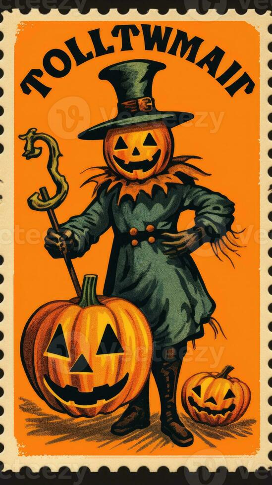 scarecrow cute Postage Stamp retro vintage 1930s Halloweens pumpkin illustration scan poster photo