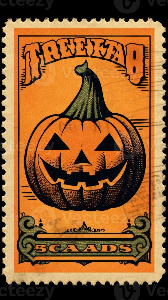 smiling pumpkin cute Postage Stamp retro vintage 1930s Halloweens paint illustration scan poster photo