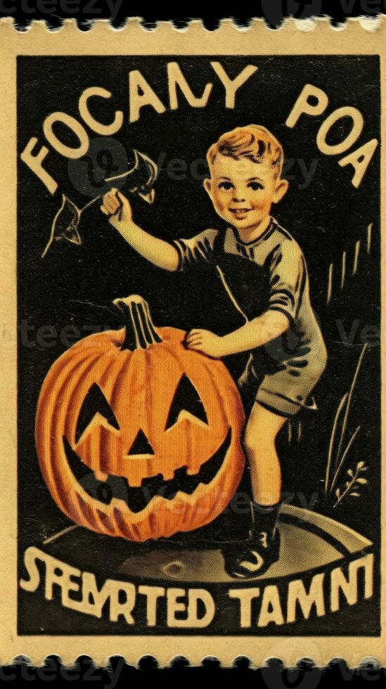 kids children cute Postage Stamp retro vintage 1930s Halloweens pumpkin illustration scan poster photo