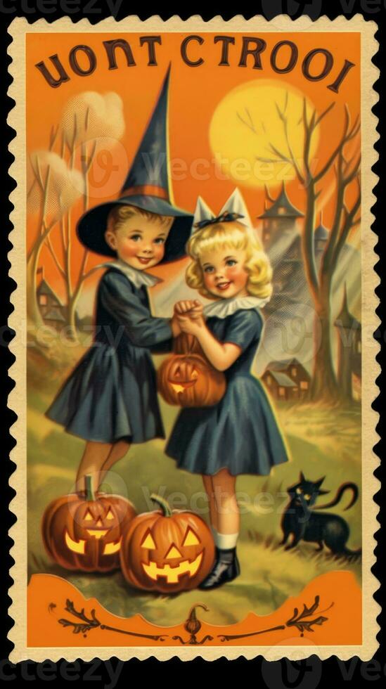 kids children cute Postage Stamp retro vintage 1930s Halloweens pumpkin illustration scan poster photo