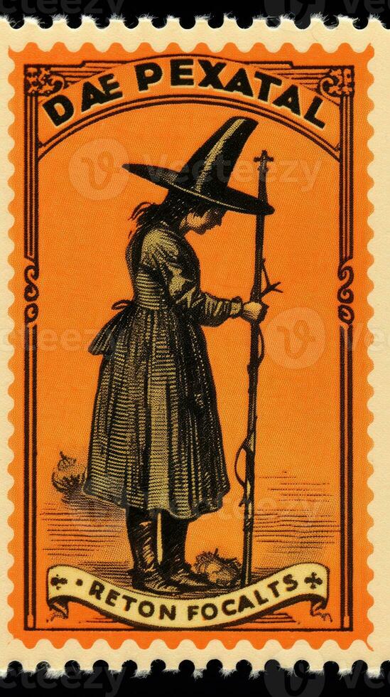 witch woman cute Postage Stamp retro vintage 1930s Halloweens pumpkin illustration scan poster photo