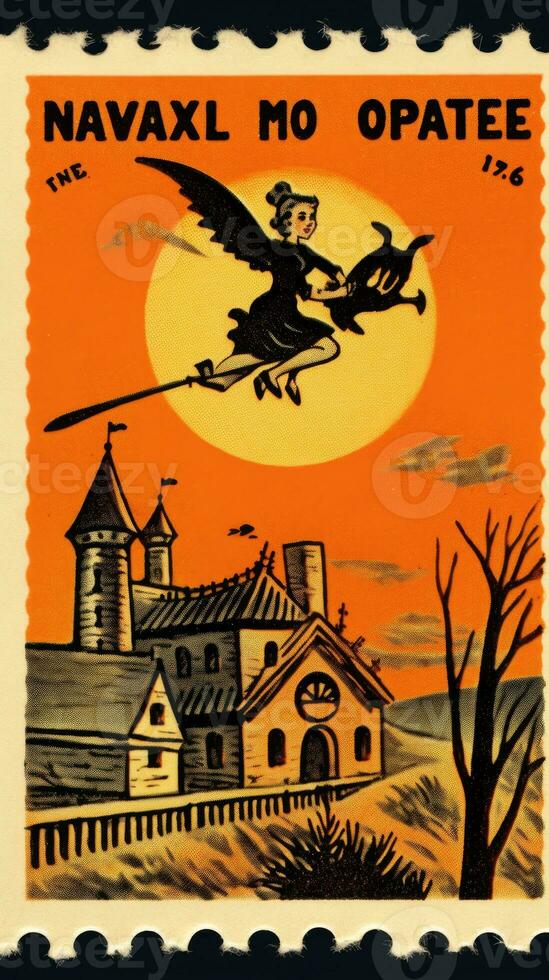 witch woman cute Postage Stamp retro vintage 1930s Halloweens pumpkin illustration scan poster photo