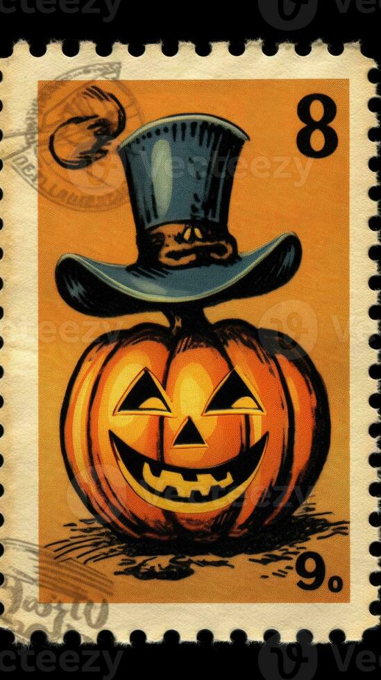 smiling pumpkin cute Postage Stamp retro vintage 1930s Halloweens paint illustration scan poster photo