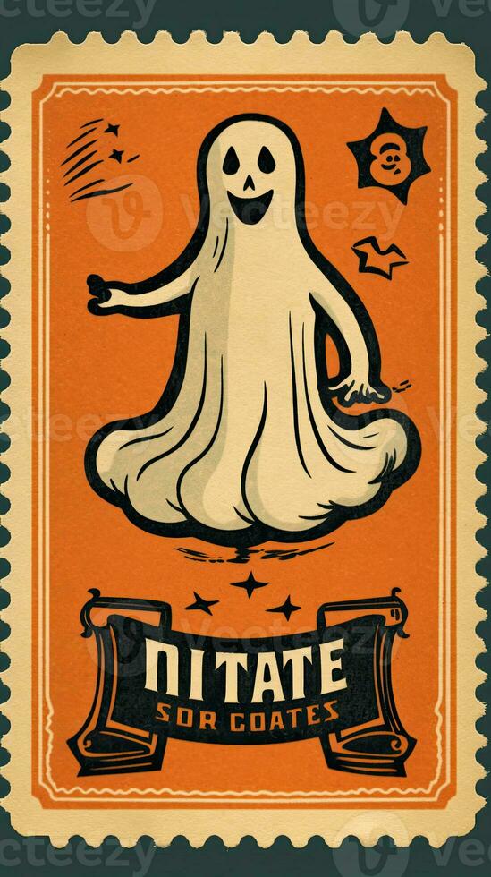 ghost spirit cute Postage Stamp retro vintage 1930s Halloweens pumpkin illustration scan poster photo