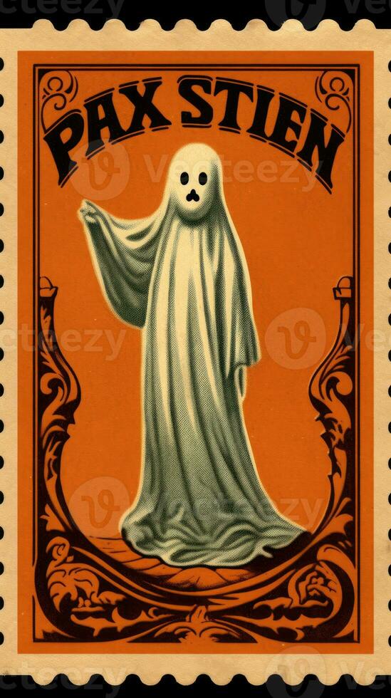 ghost spirit cute Postage Stamp retro vintage 1930s Halloweens pumpkin illustration scan poster photo