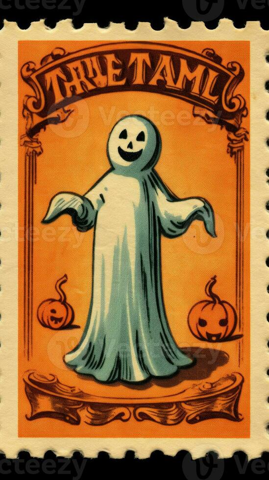 ghost spirit cute Postage Stamp retro vintage 1930s Halloweens pumpkin illustration scan poster photo