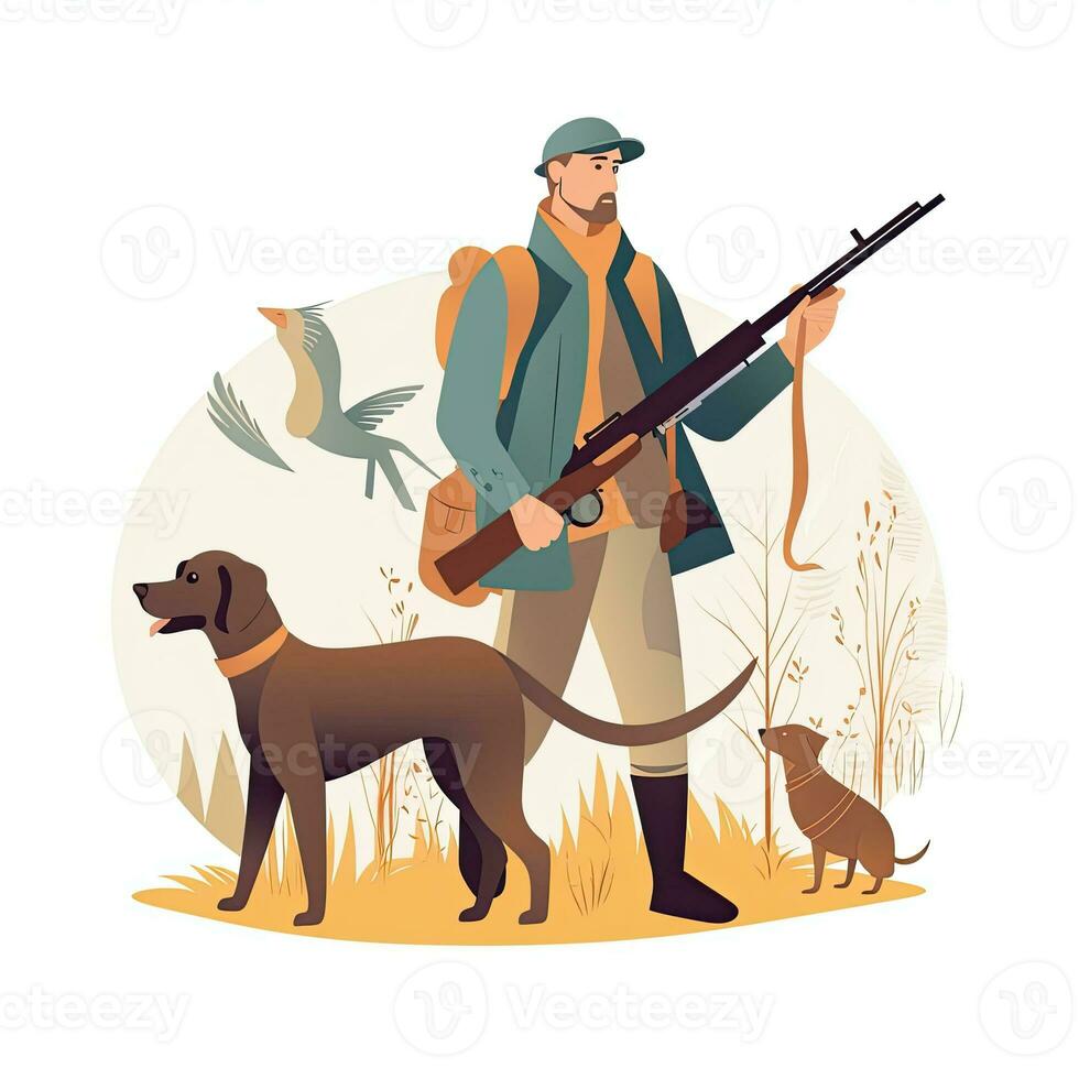 rifle hunter dogs flat vector clipart illustration website style profession job isolated photo