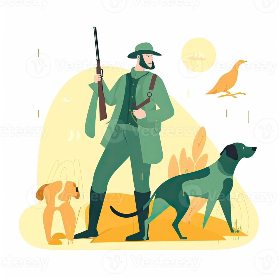 rifle hunter dogs flat vector clipart illustration website style
