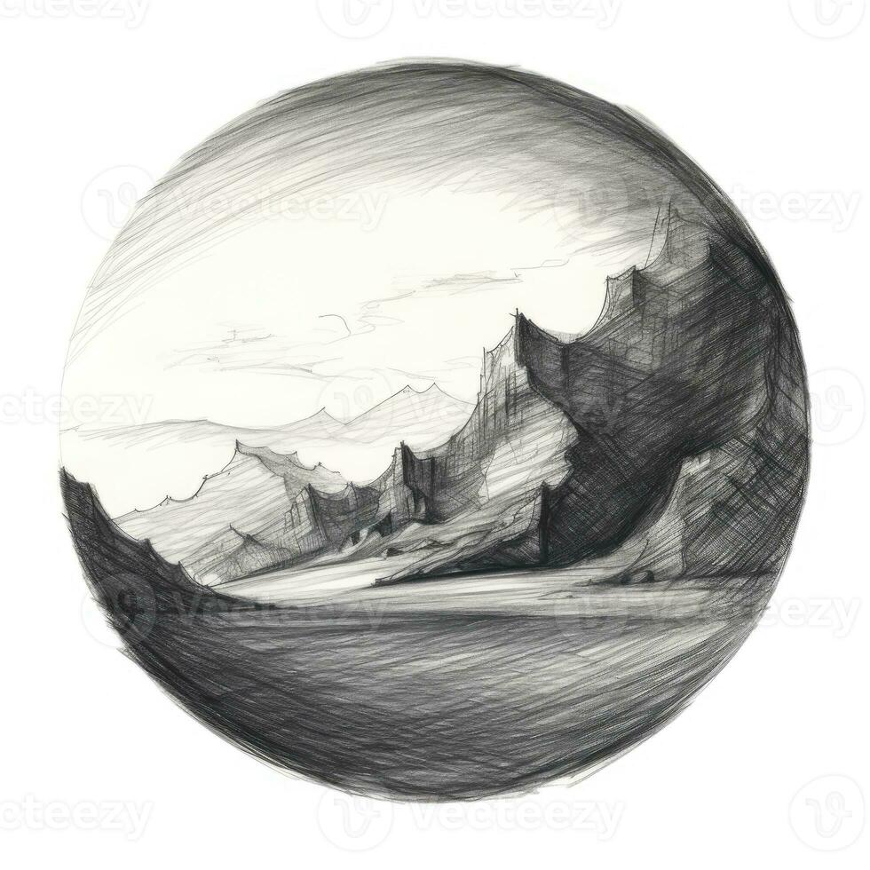 mountains chalk pencil landscape sketch doodle realistic simple poster round wall hand drawn photo