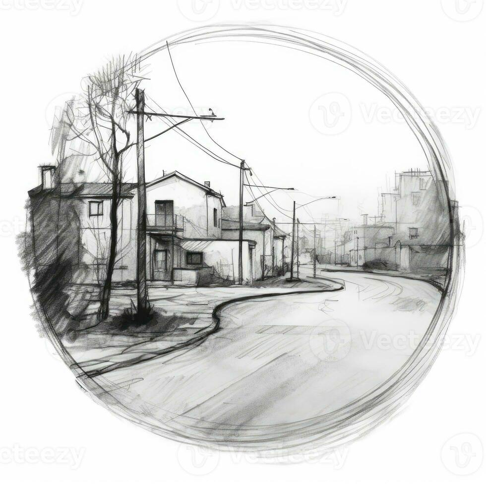 chalk pencil landscape sketch doodle realistic simple poster round wall art hand drawn photo