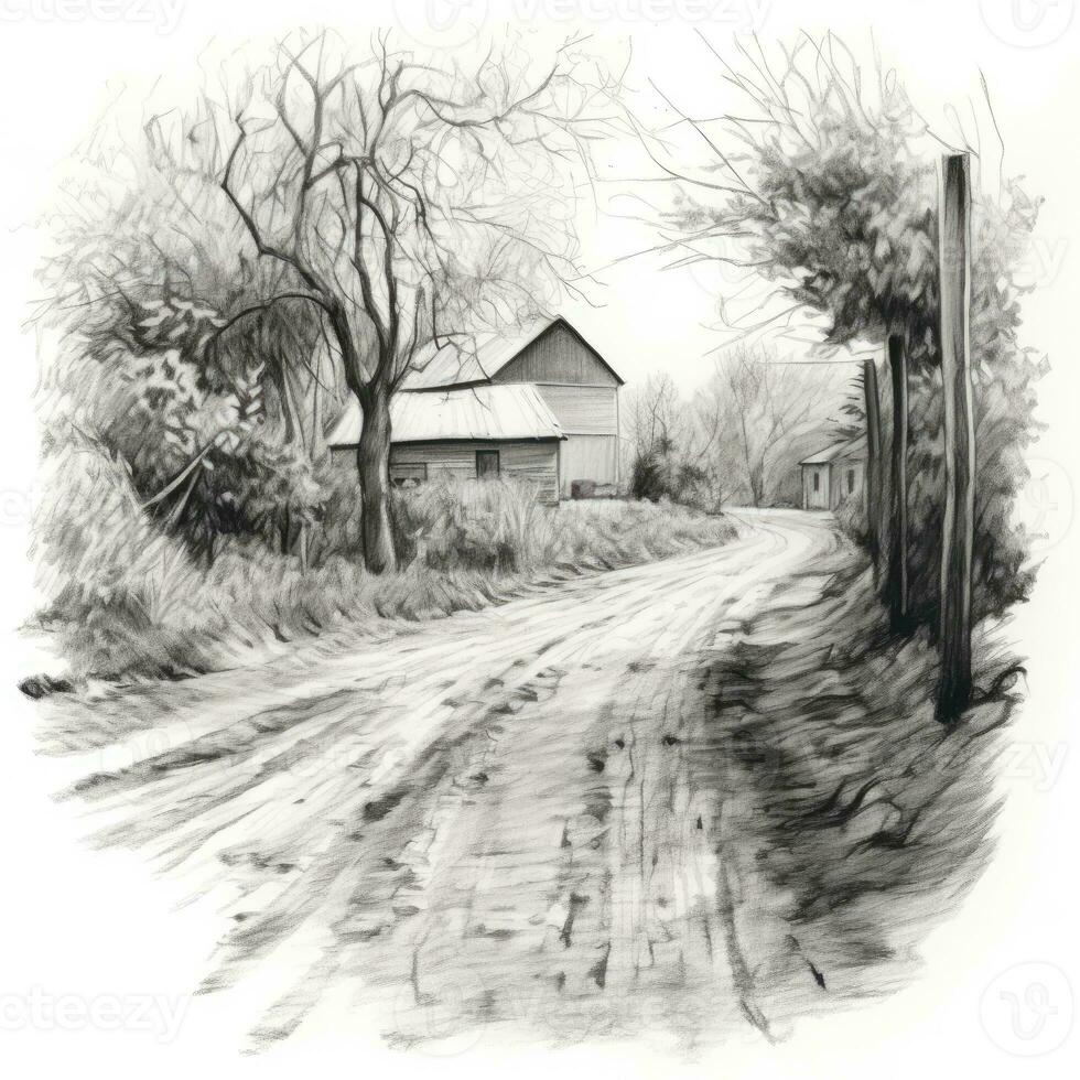 country side chalk pencil landscape sketch doodle realistic simple poster round art hand drawn photo