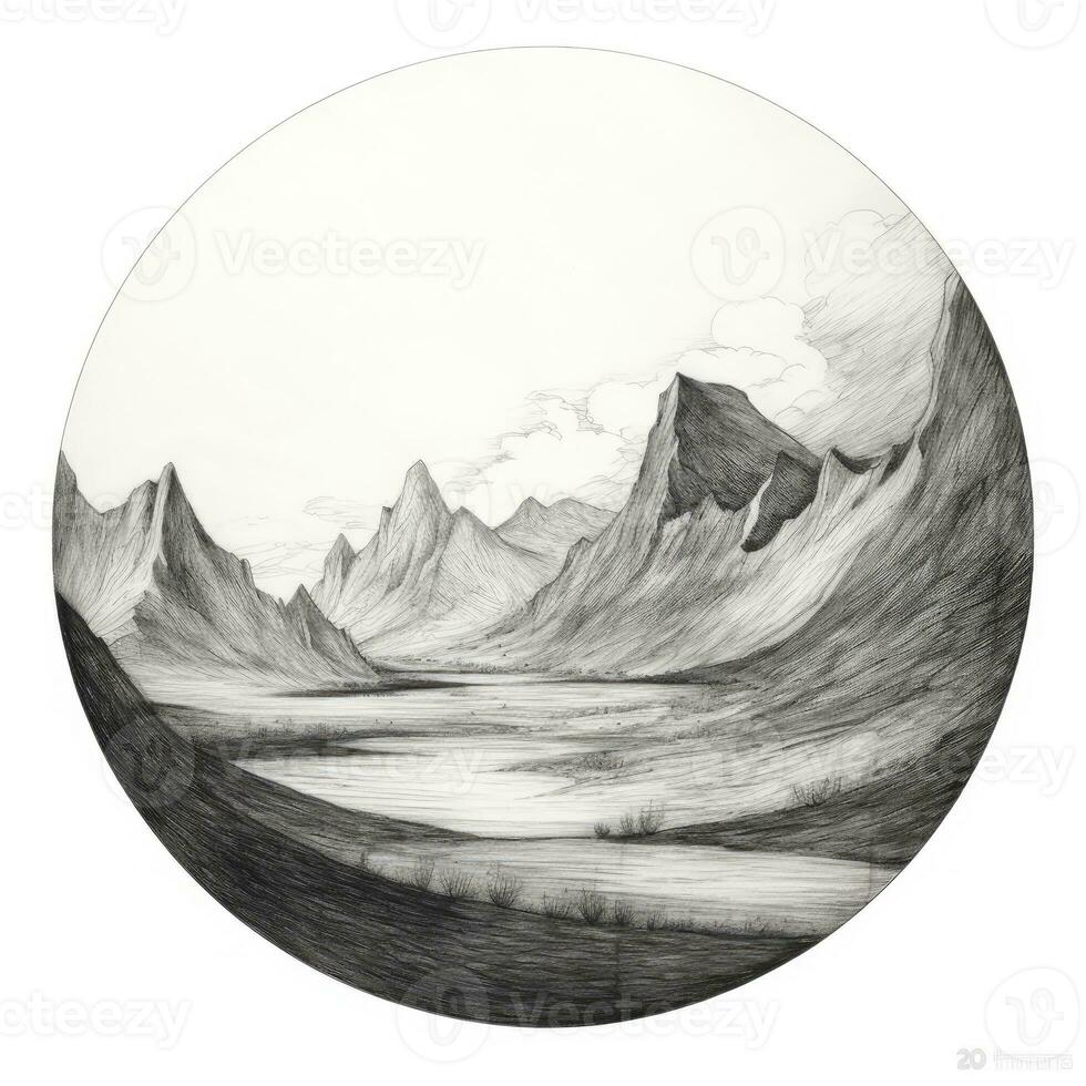 mountains chalk pencil landscape sketch doodle realistic simple poster round wall hand drawn photo