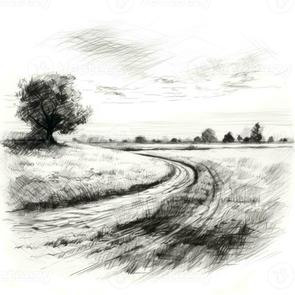 flower field chalk pencil landscape sketch doodle realistic simple poster round art hand drawn photo