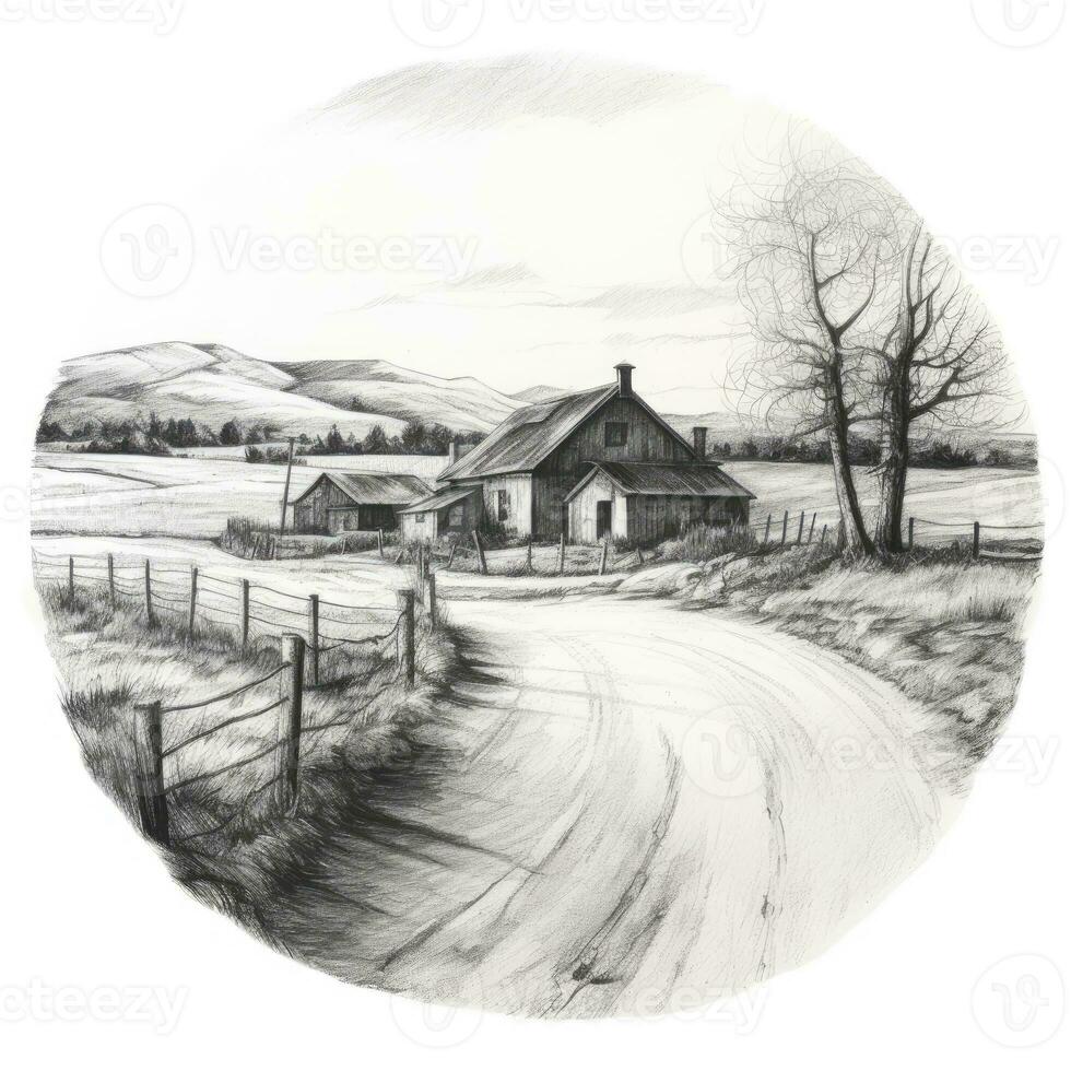 country side chalk pencil landscape sketch doodle realistic simple poster round art hand drawn photo