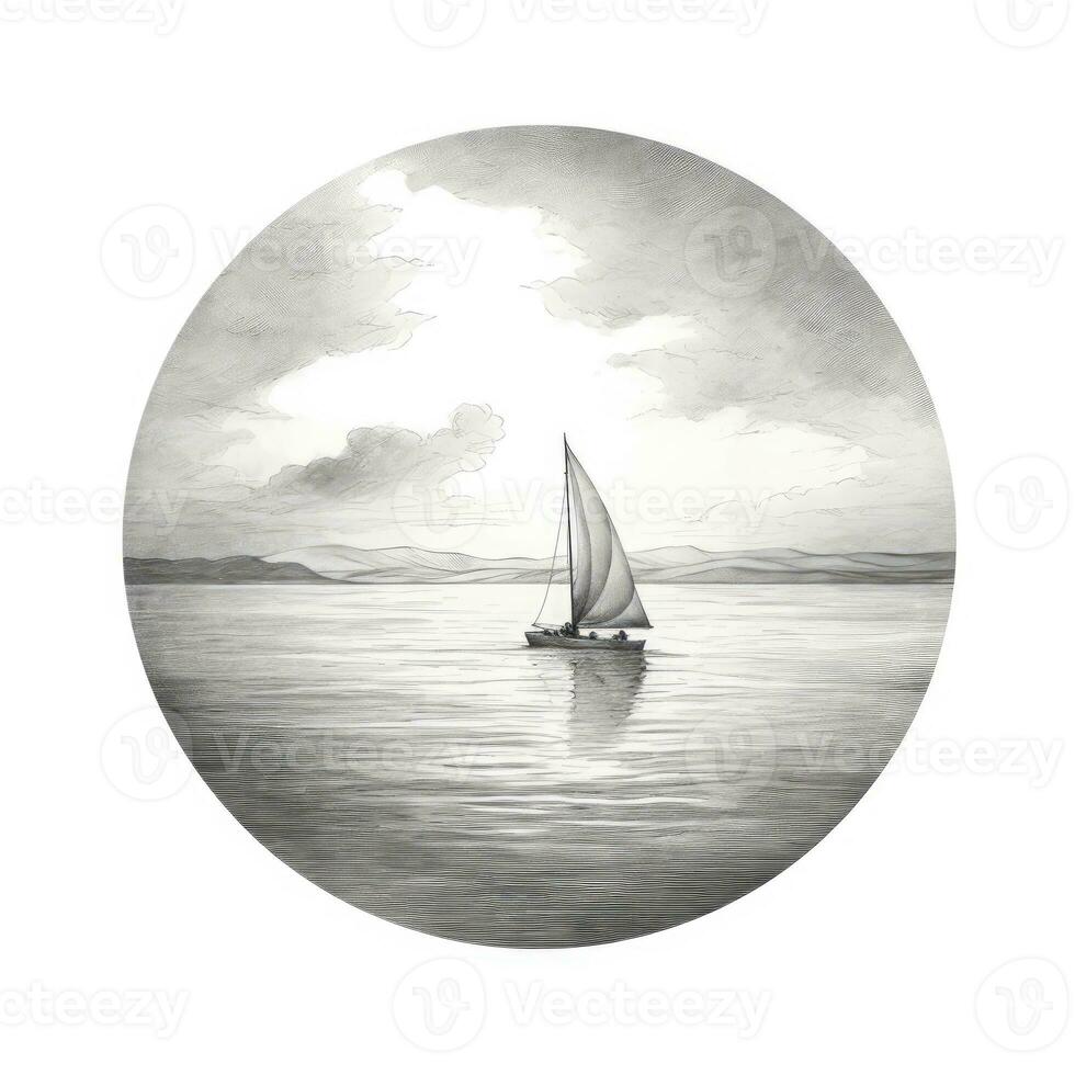 boat yacht chalk pencil landscape sketch doodle realistic simple poster round art hand drawn photo