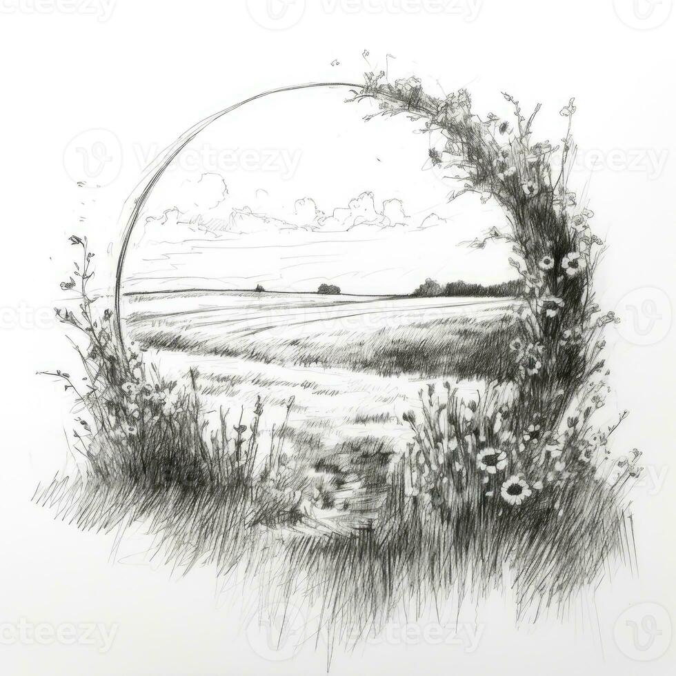 flower field chalk pencil landscape sketch doodle realistic simple poster round art hand drawn photo