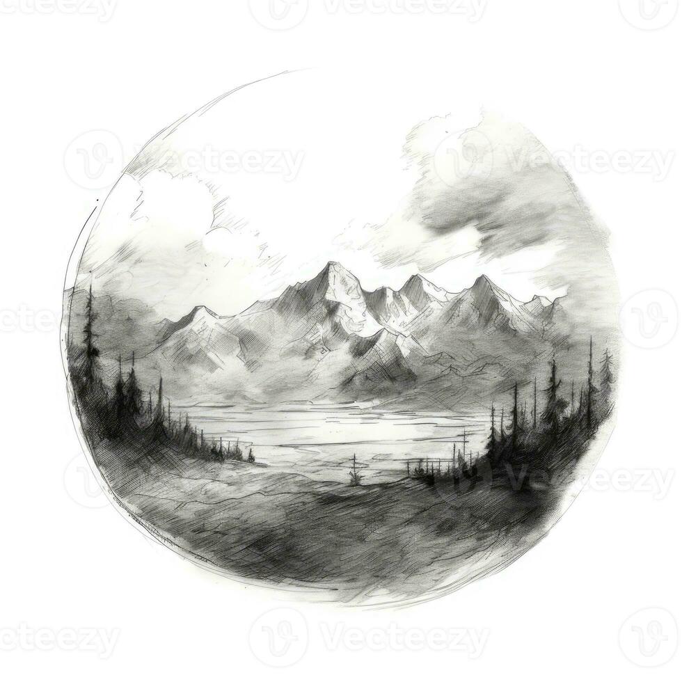 mountains chalk pencil landscape sketch doodle realistic simple poster round wall hand drawn photo