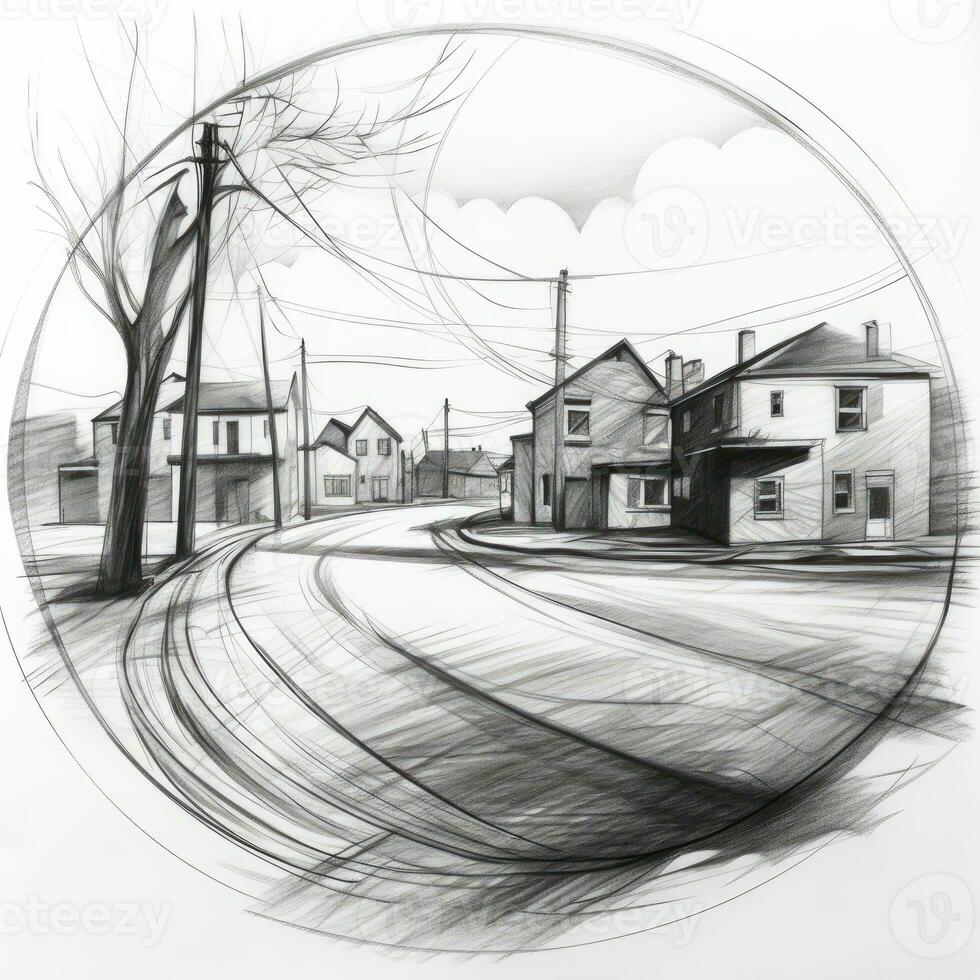 country side chalk pencil landscape sketch doodle realistic simple poster round art hand drawn photo