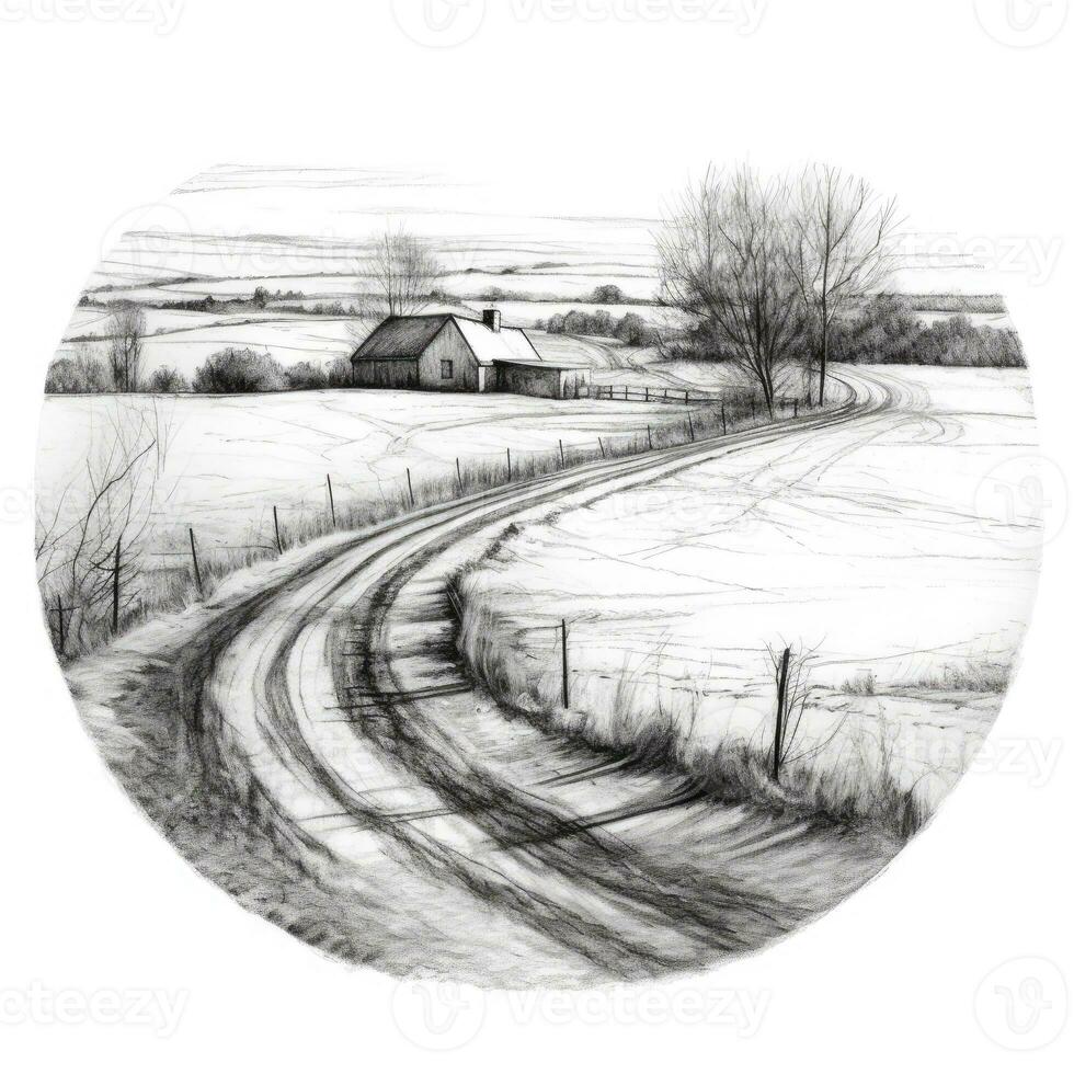 country side chalk pencil landscape sketch doodle realistic simple poster round art hand drawn photo