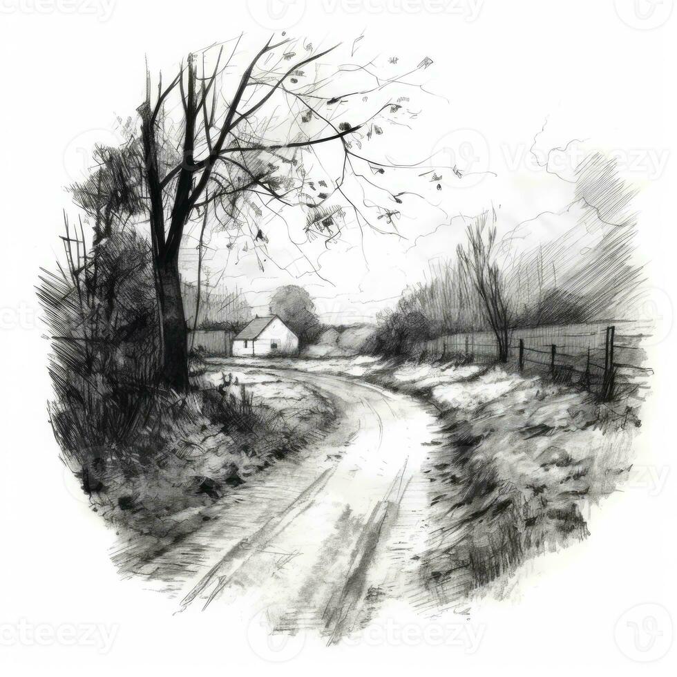 chalk pencil landscape sketch doodle realistic simple poster round wall art hand drawn photo