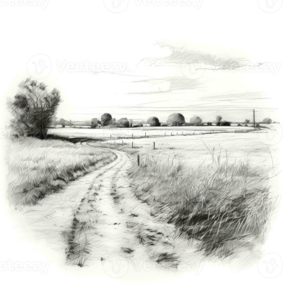 flower field chalk pencil landscape sketch doodle realistic simple poster round art hand drawn photo