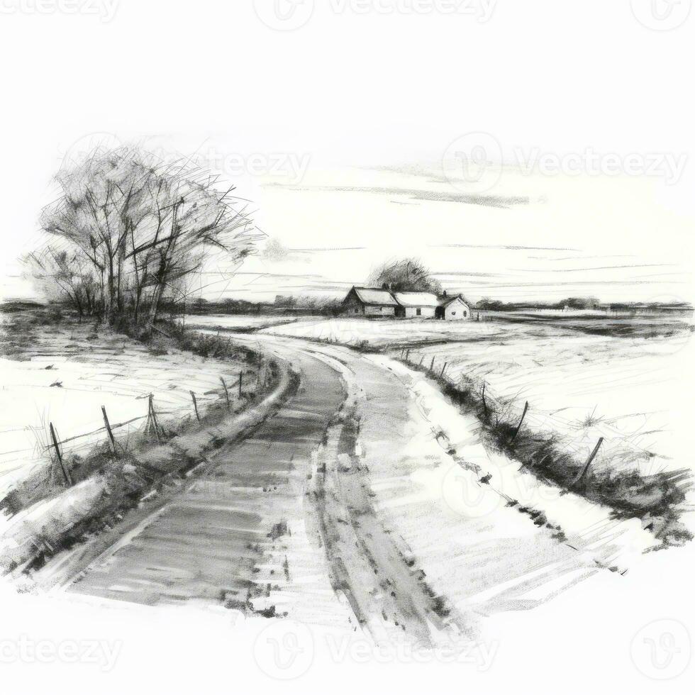 chalk pencil landscape sketch doodle realistic simple poster round wall art hand drawn photo