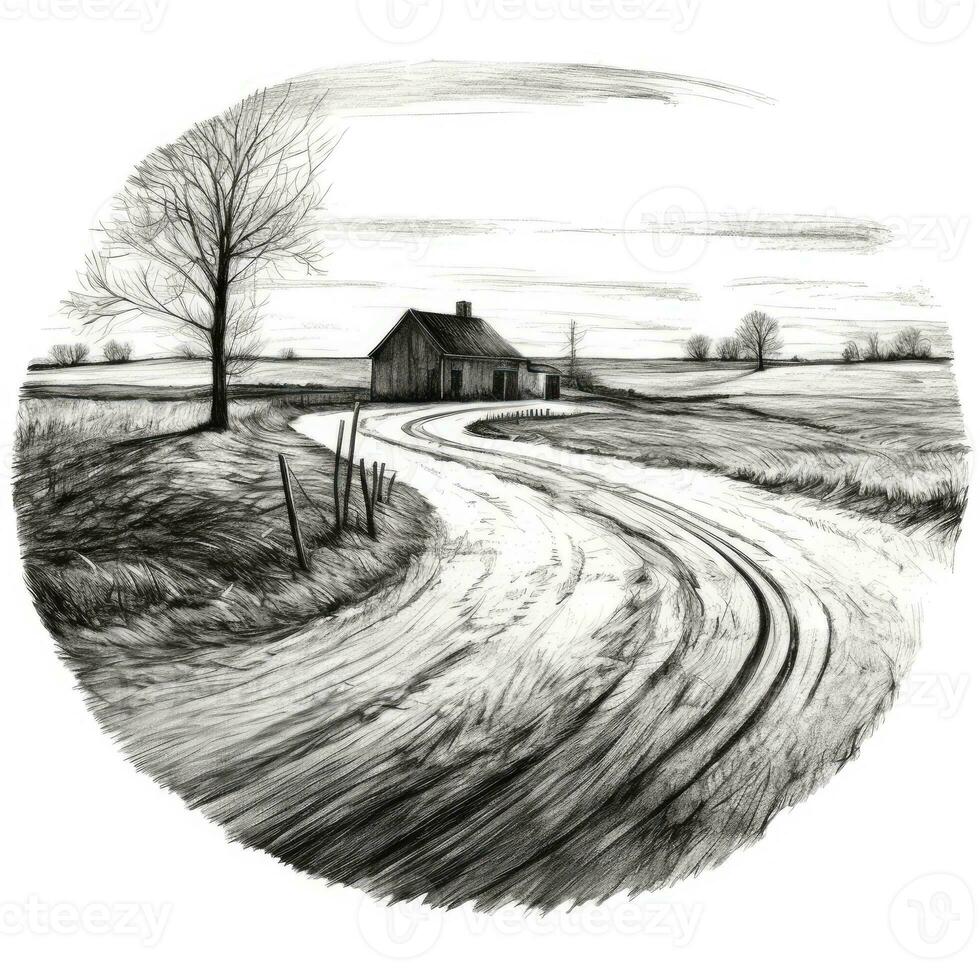 chalk pencil landscape sketch doodle realistic simple poster round wall art hand drawn photo