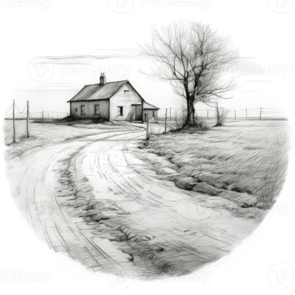 country side chalk pencil landscape sketch doodle realistic simple poster round art hand drawn photo