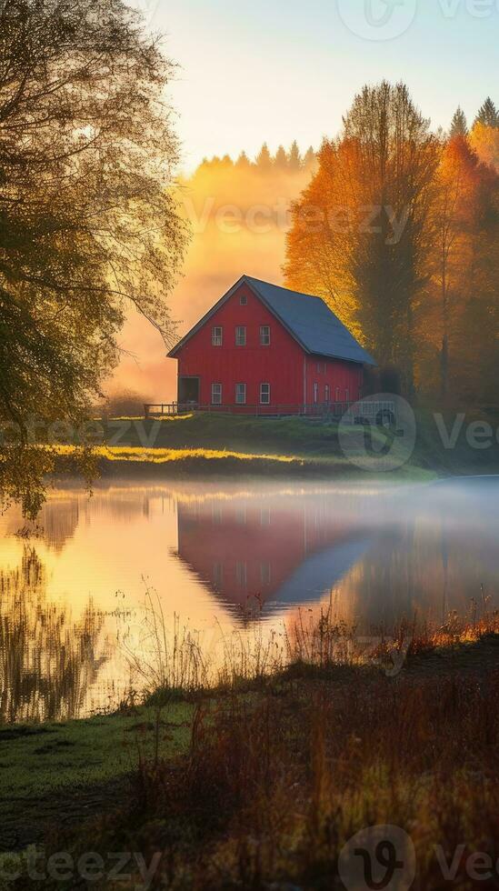 fall farmhouse lake sunset peaceful landscape freedom scene beautiful nature wallpaper photo