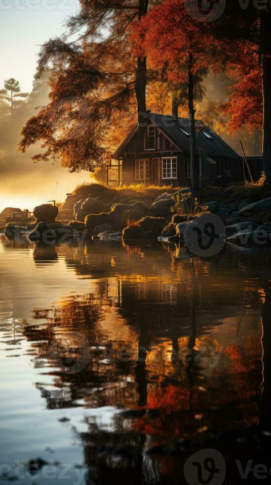 otoño casa de Campo lago puesta de sol pacífico paisaje libertad escena hermosa naturaleza fondo de pantalla foto