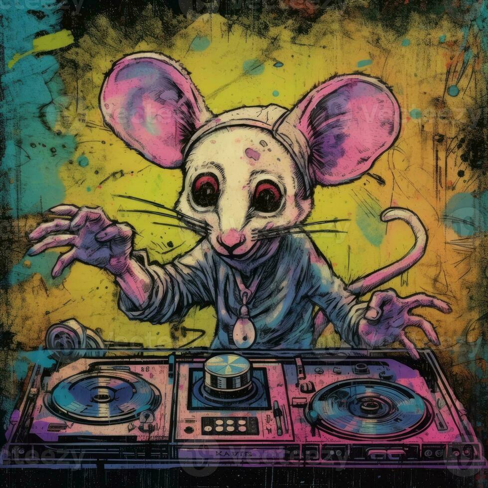 mouse DJ furious mad portrait expressive illustration artwork oil painted sketch tattoo photo