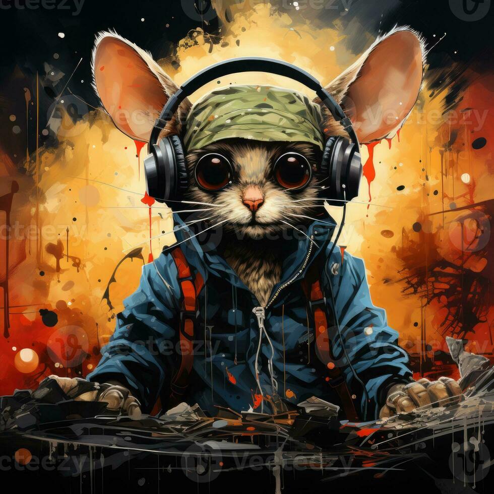 mouse DJ furious mad portrait expressive illustration artwork oil painted sketch tattoo photo