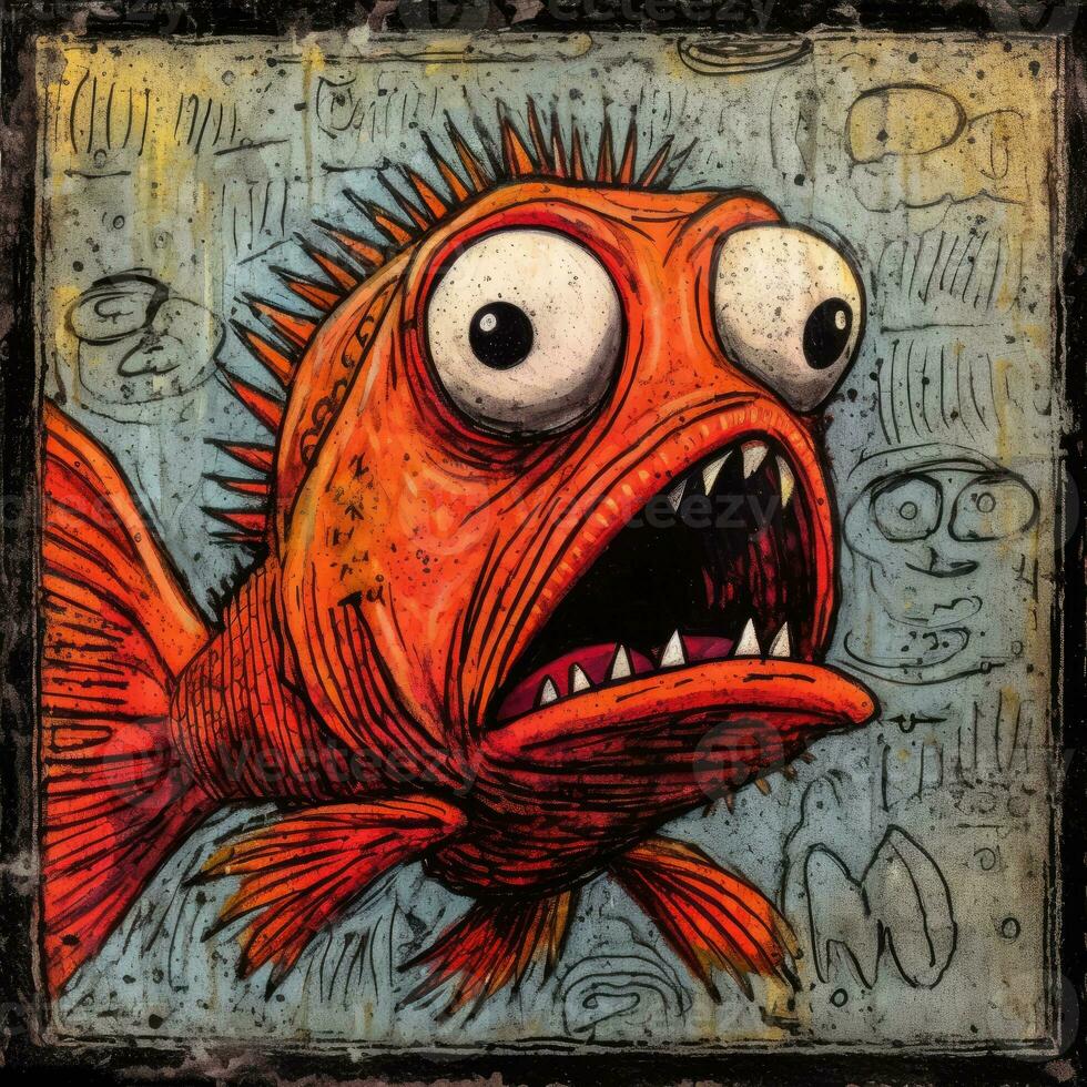 crazy fish angry furious mad portrait expressive illustration artwork oil painted sketch tattoo photo