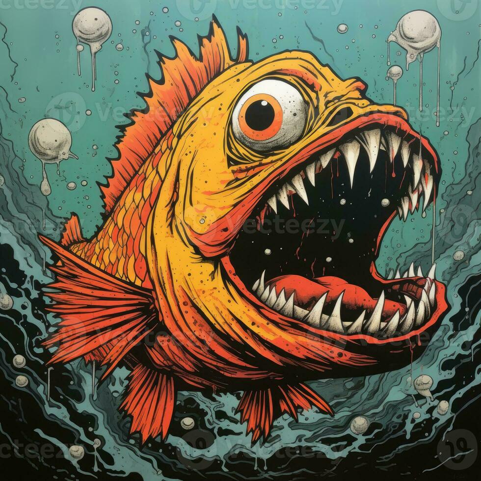 crazy fish angry furious mad portrait expressive illustration artwork oil painted sketch tattoo photo