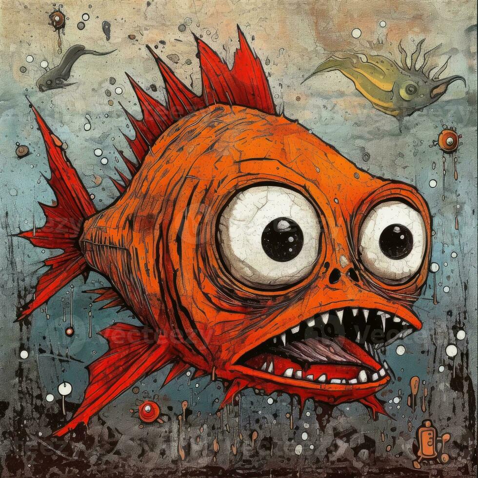 crazy fish angry furious mad portrait expressive illustration artwork oil painted sketch tattoo photo