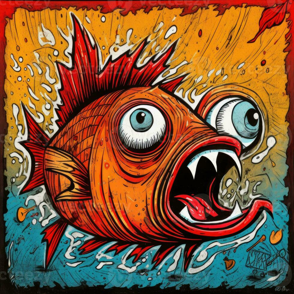 crazy fish angry furious mad portrait expressive illustration artwork oil painted sketch tattoo photo