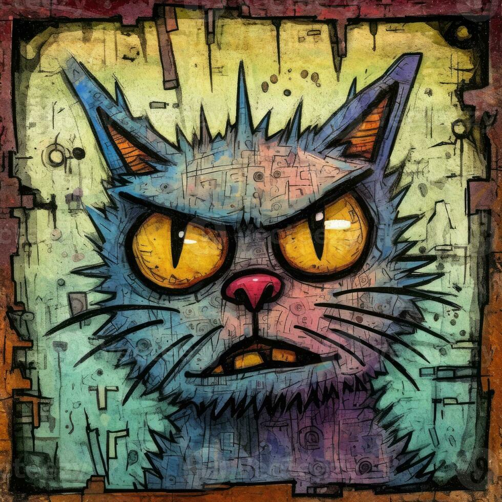 crazy cat kitty furious mad portrait expressive illustration artwork oil painted sketch tattoo photo