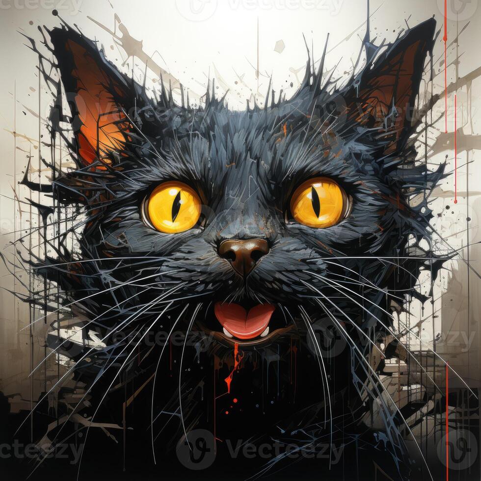 crazy cat kitty furious mad portrait expressive illustration artwork oil painted sketch tattoo photo