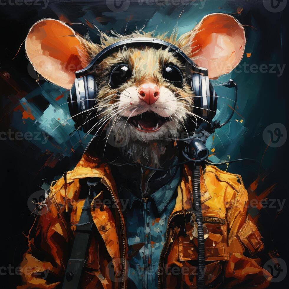 crazy mouse DJ furious mad portrait expressive illustration artwork oil painted sketch tattoo photo