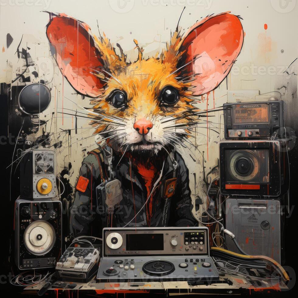 crazy mouse DJ furious mad portrait expressive illustration artwork oil painted sketch tattoo photo