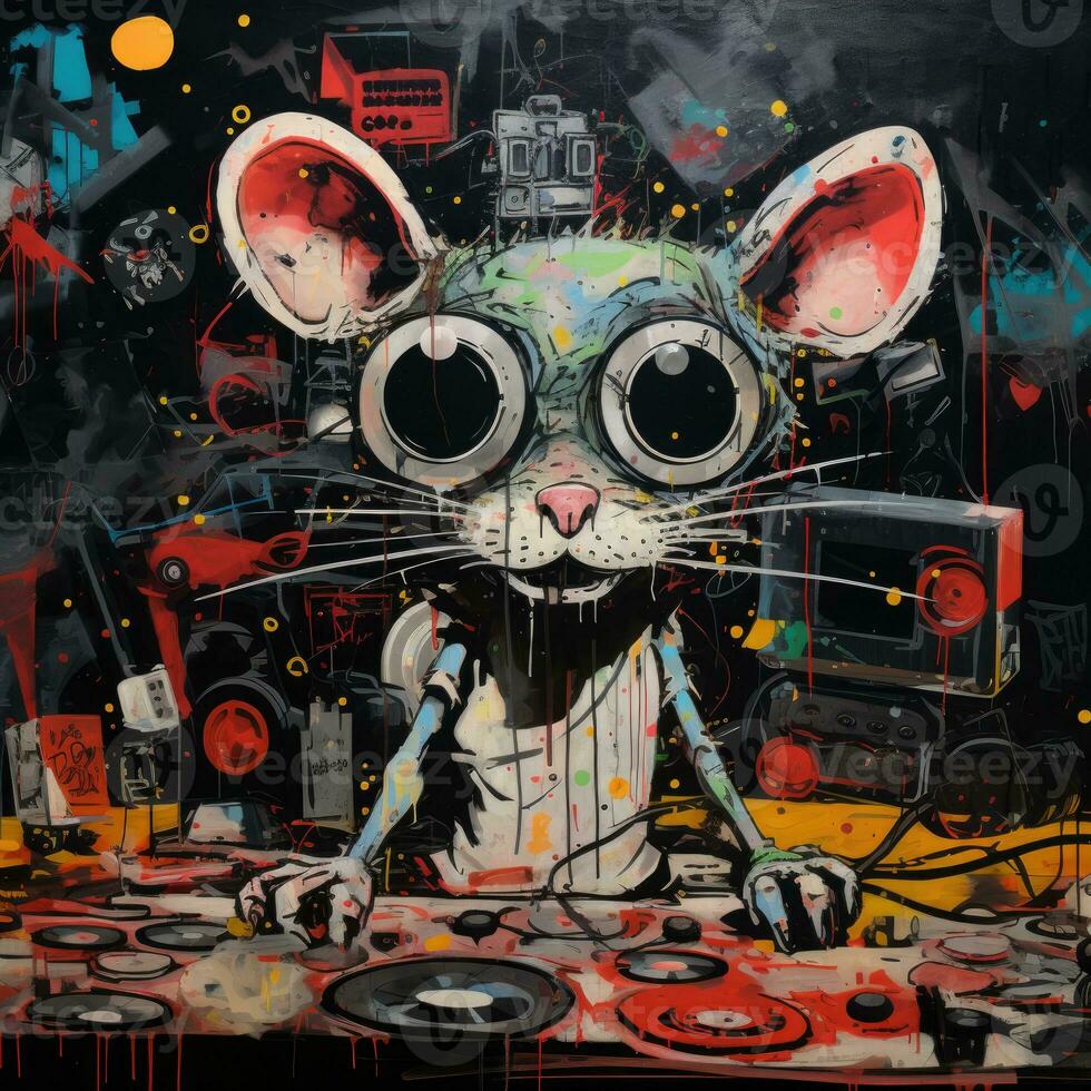 crazy mouse DJ furious mad portrait expressive illustration artwork oil painted sketch tattoo photo