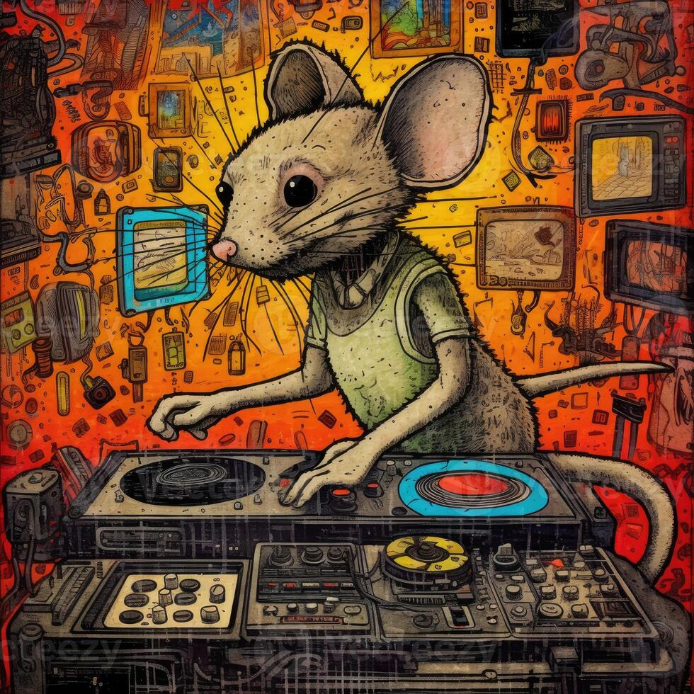 crazy mouse DJ furious mad portrait expressive illustration artwork oil painted sketch tattoo photo