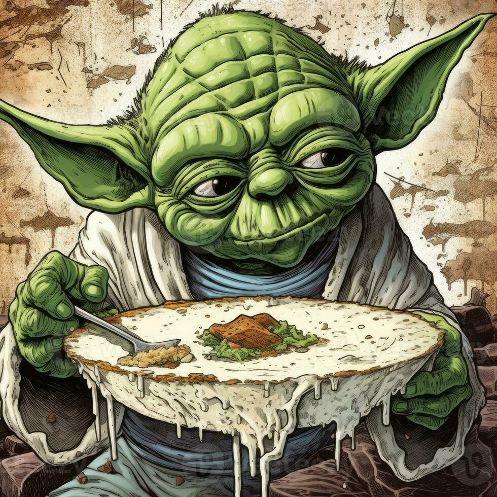 pastel bebé yoda furioso enojado retrato expresivo ilustración obra de arte petróleo pintado bosquejo tatuaje foto