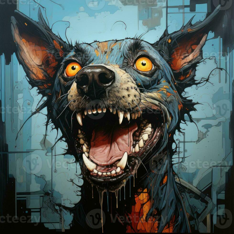 loco ladrido perro furioso enojado retrato expresivo ilustración obra de arte petróleo pintado bosquejo tatuaje foto